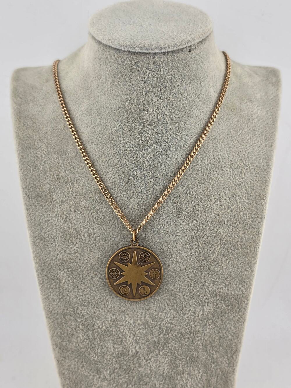Vintage Interfaith Tolerance Medallion Necklace Religious Symbols Gold Tone 24"